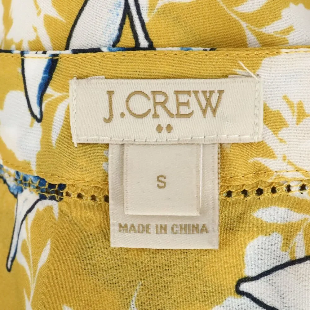 J Crew Top Womens Small Gold Blue White Floral Tunic Blouse Pullover V-neck